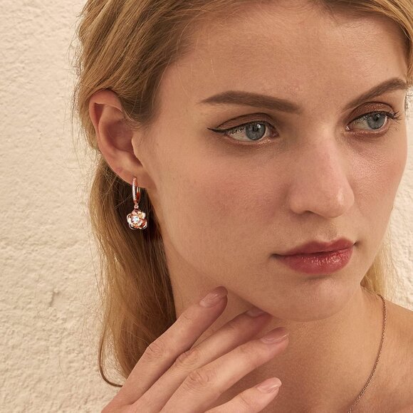 Women's Dainty Rose Gold Dangle Flower Pearl Cute Unique Flower Earring - Picture 4 of 6